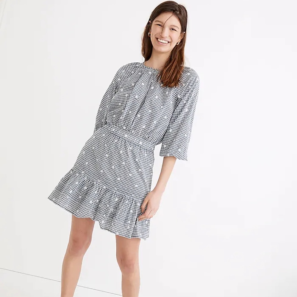 Madewell Embroidered Tiered Pull-on Mini Skirt in Gingham Check